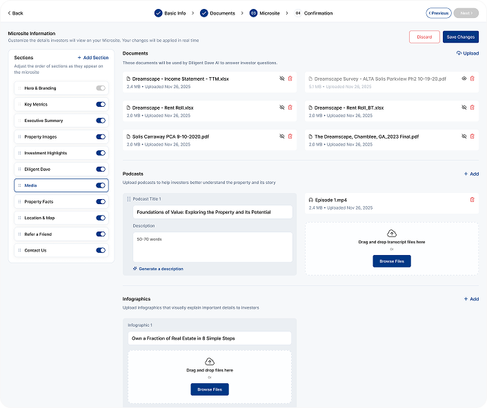 Genie Studio fundraising console with microsite section ordering and investor document vault.