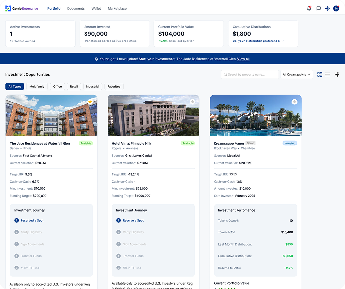 Genie Investor investor portal showing active investments, investment opportunities, and investor journey steps.